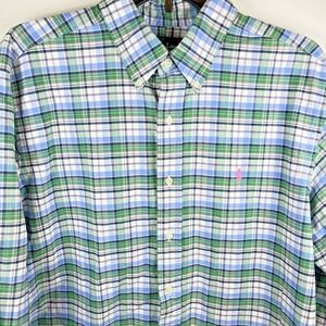 Ralph Lauren Long Sleeve Button-Down Mens Large Plaid Blue Pink Green Spring